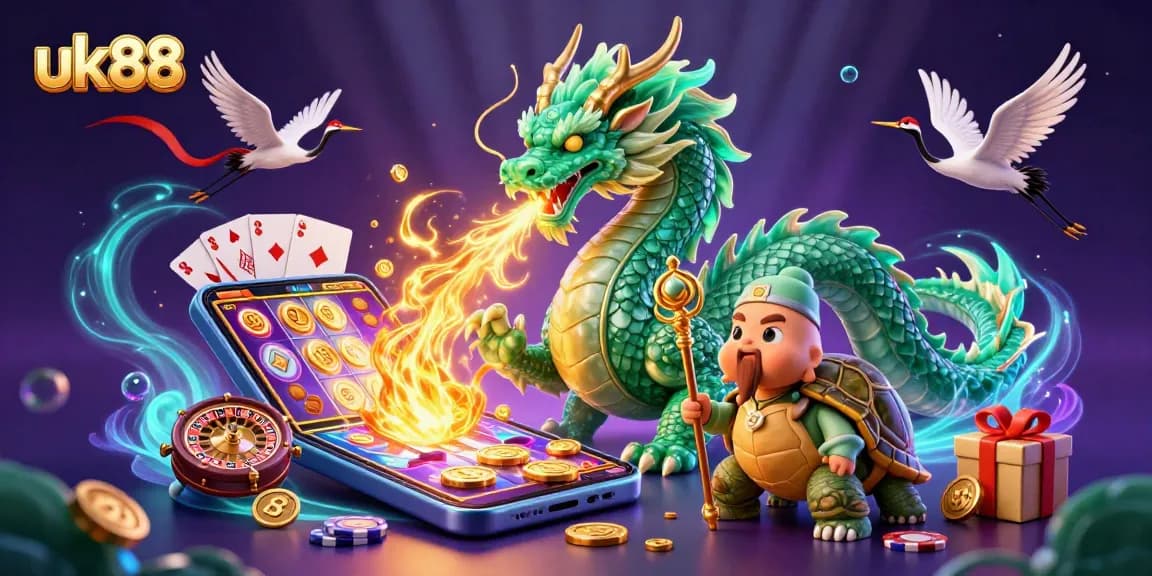 Engage in thrilling gaming experiences with uk88's vibrant 3D dragon and rich casino elements.