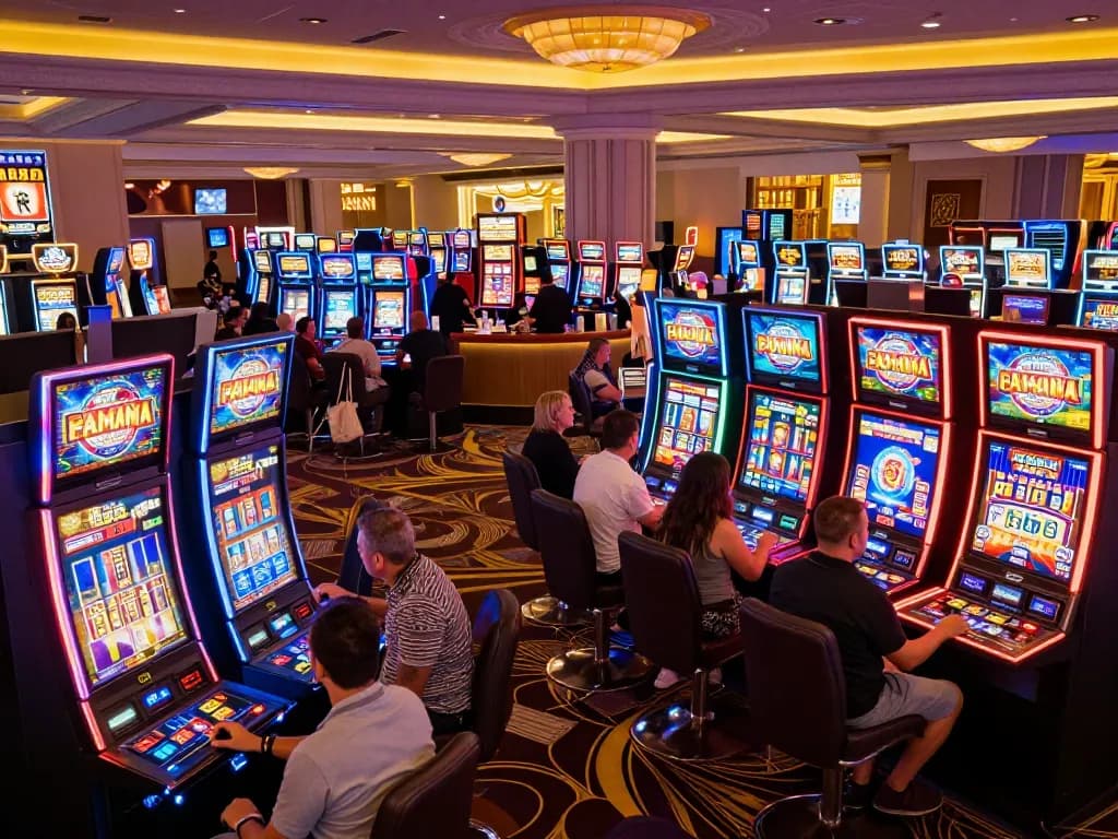 Experience the excitement of Thương hiệu MM88 at a vibrant casino filled with engaging slot machines and lively players.