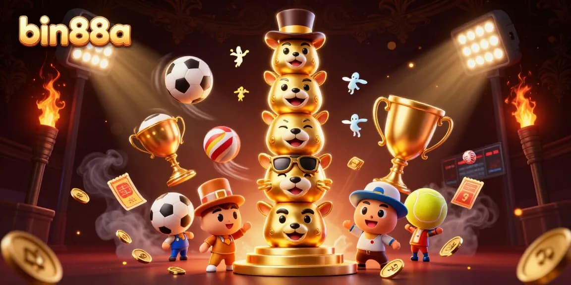 Win big with bin88a's dynamic sports betting fantasy scene filled with gold coins and trophies.