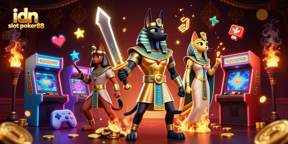 Experience the thrill of idn slot poker88 with dynamic gaming scenes featuring ancient Egyptian themes and vibrant casino elements.