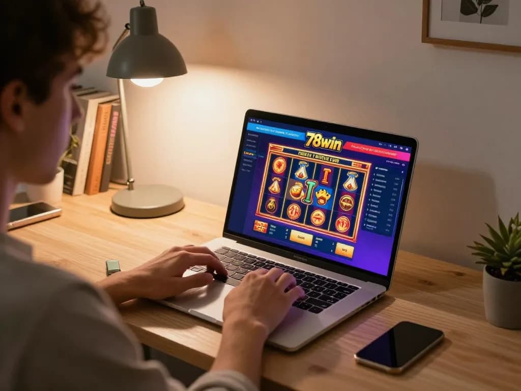 Engaging player using the 78win casino platform on laptop at home