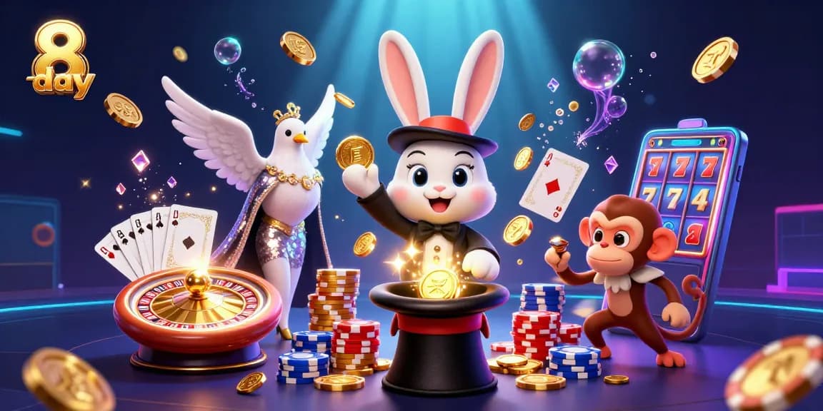 Engage with the thrill of 8 day gaming; a magician rabbit, dove, and playful monkey create a vibrant casino atmosphere.