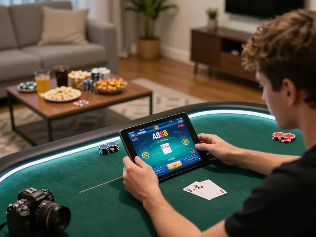 Engaging poker game with ABC8 on a tablet in a cozy home setting, promoting responsible gambling