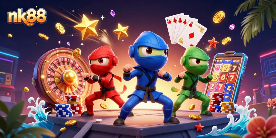 Experience thrilling gameplay as nk88's ninja chameleon team showcases epic moves amidst golden coins and vibrant casino elements.