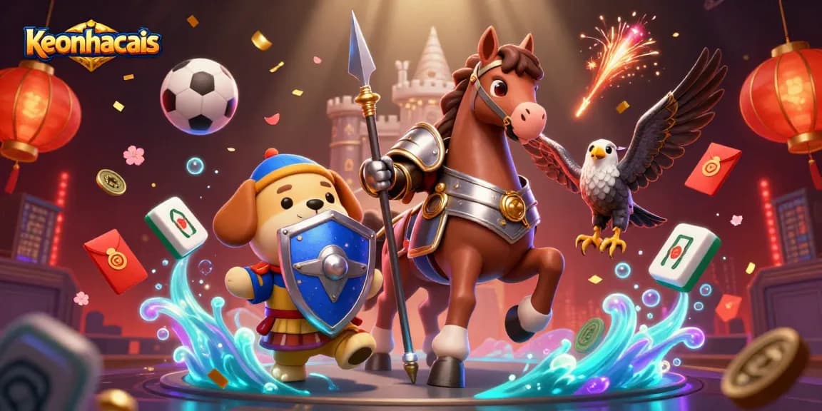 Engage with keonhacais through this vibrant 3D illustration showcasing a knight, puppy, and falcon amid dynamic gambling elements.