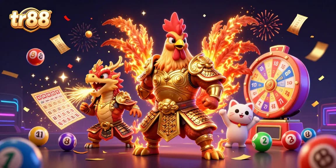 Engage with tr88's thrilling gaming experience featuring a vibrant illustration of a rooster warrior and dragon hatchling amidst dynamic lottery elements.