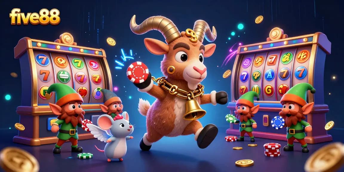 five88 casino scene with Krampus goat, angel mouse, and gremlins engaging in festive gaming chaos