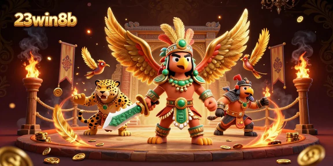 Animate your gaming experience with 23win8b as the Aztec warriors battle amidst golden tokens and flames.