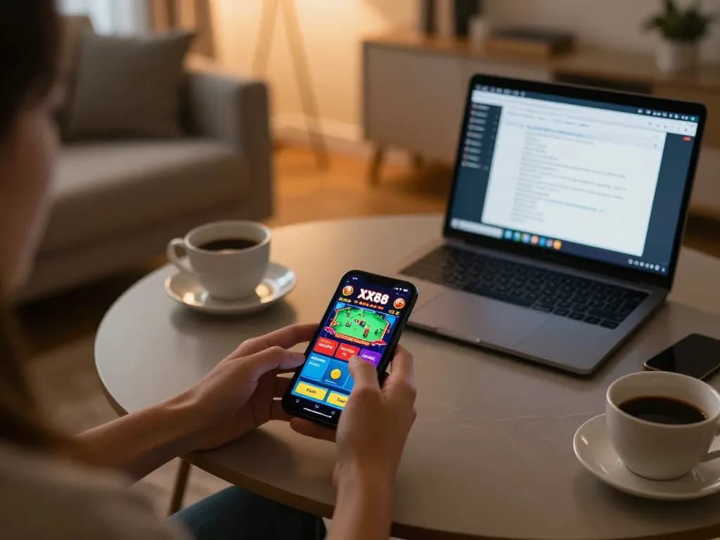 Player engaging with the XX88 casino app on smartphone, showcasing vibrant graphics and cozy setup.