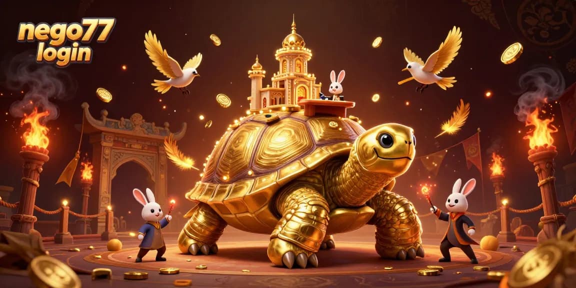 Experience the thrill of nego77 login at a vibrant digital casino scene featuring a golden tortoise, a rabbit dealer, and flying coins.