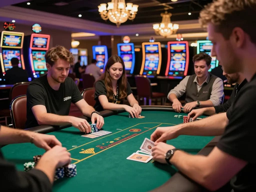 Excited players engaging in a thrilling poker game at 58win casino, vibrant casino atmosphere.