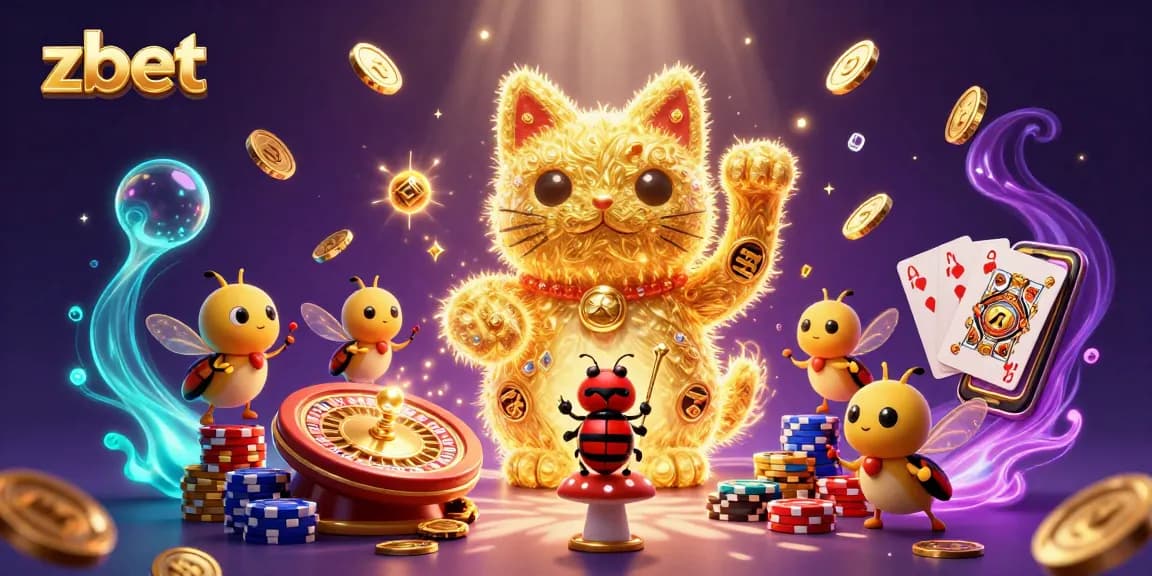 Experience zbet's vibrant atmosphere with a captivating lucky cat display amidst dynamic casino elements.