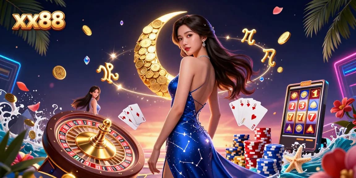 Experience thrilling games at xx88 with a spectacular illustration showcasing elegance and excitement in a dynamic casino scene.