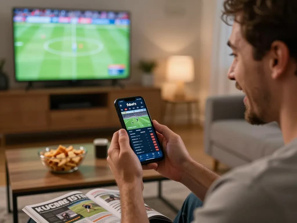 Excited gambler using fabet's betting app during live sports event at home.