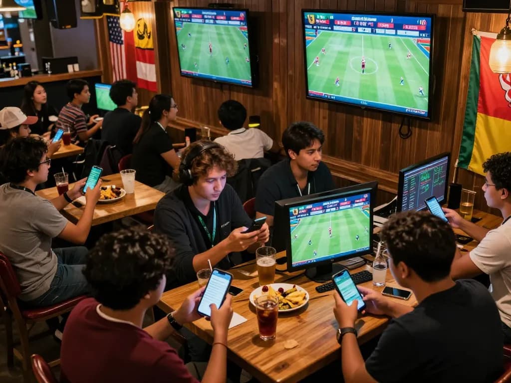 Fans using Bongdallu to place bets in a lively sports bar during the World Cup 2026.