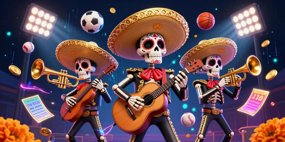 Ignite your betting experience with 98win's vibrant scene of a mariachi band amidst dynamic sports elements.