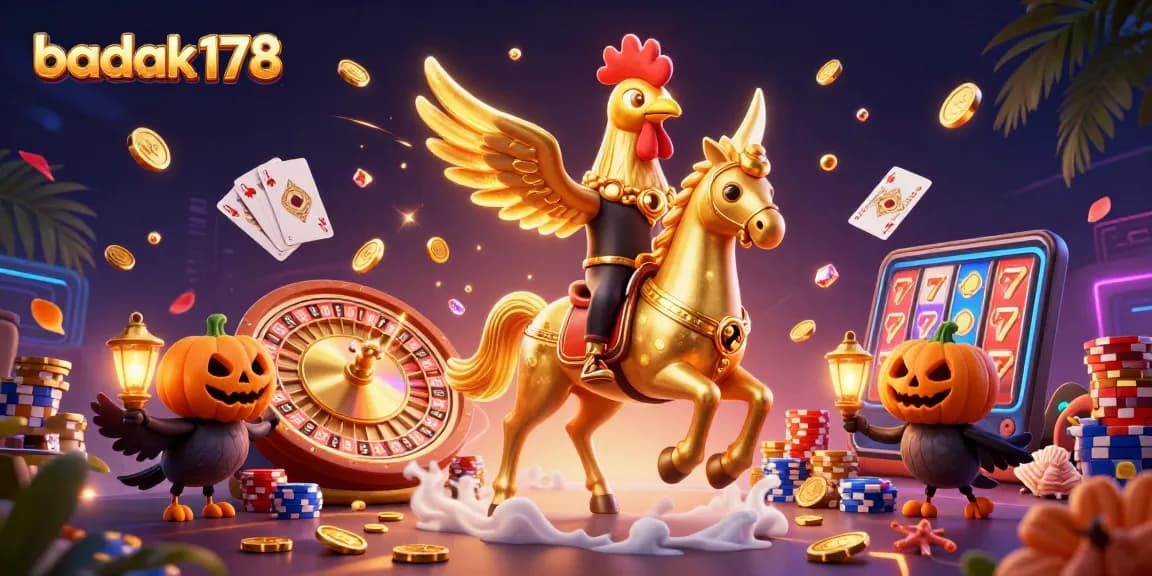Spin and win with badak178 at the midnight casino featuring golden rooster characters and casino elements.
