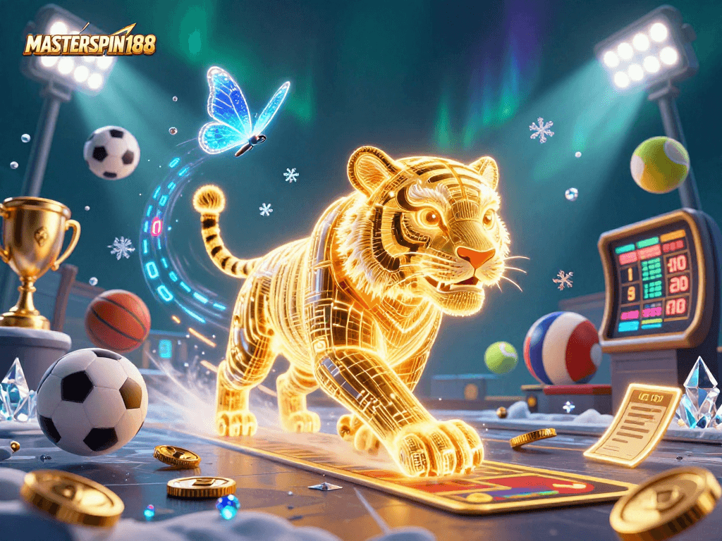 Masterspin188 showcases a dynamic digital casino scene with a neon golden tiger and sports elements.