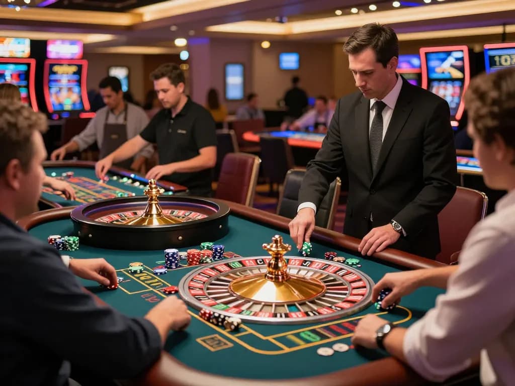 Players placing bets at a colorful roulette table at f8betz casino during an exciting game