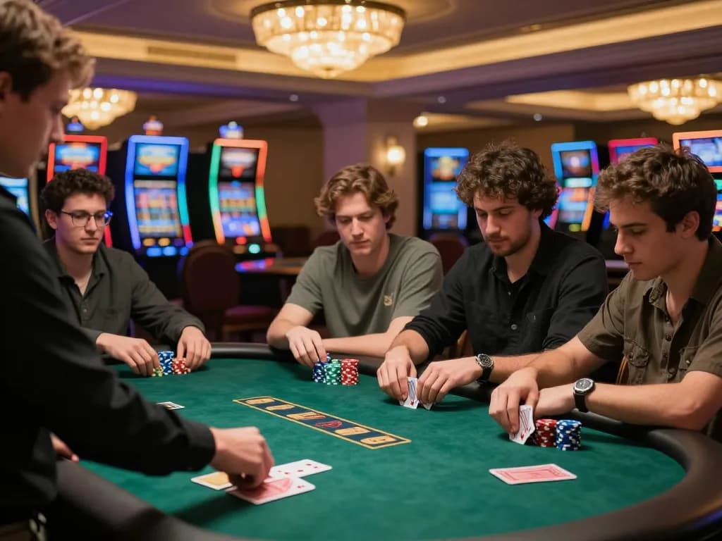 Players engaged in strategic gameplay at maxpoker88 poker table in a luxurious casino.