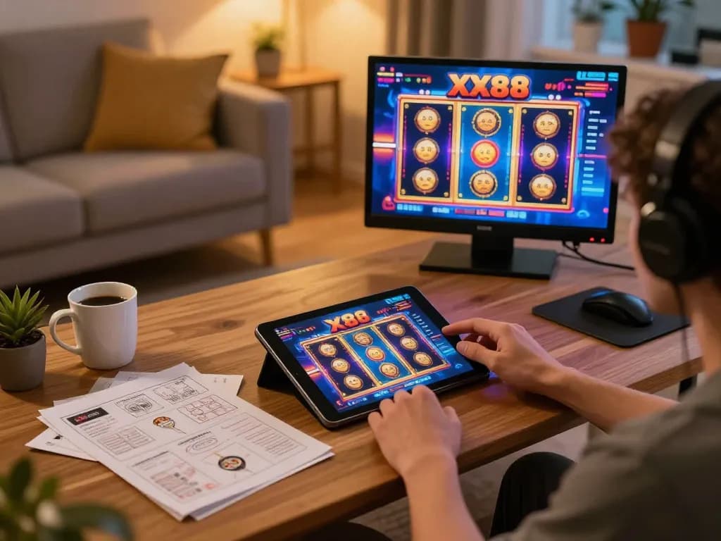 Player enjoying a thrilling XX88 online casino experience on tablet with colorful slots.