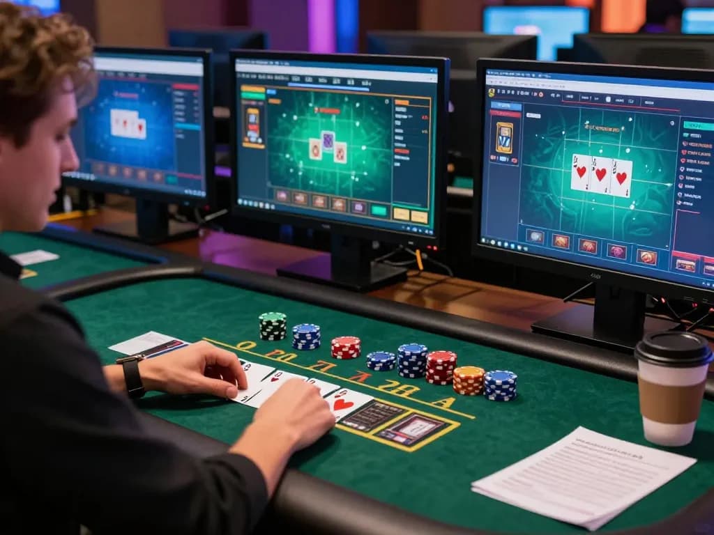 Engaging in strategic online blackjack gameplay at MM88 with multiple screens and notes.