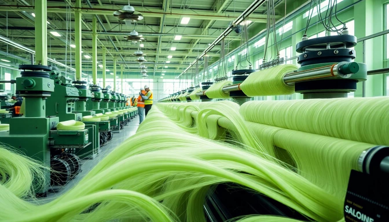 Viscose productie proces in een textielfabriek met vibrante kleuren en professionele omgeving.