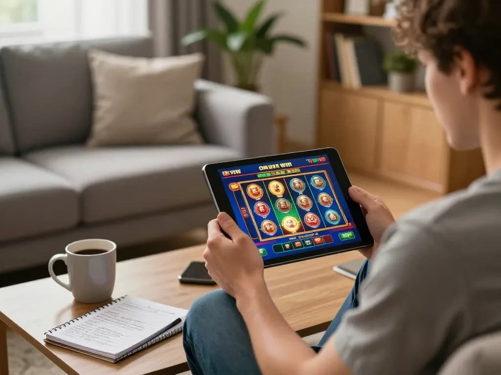 Player engaging with sun win online casino on tablet in a cozy home setting.