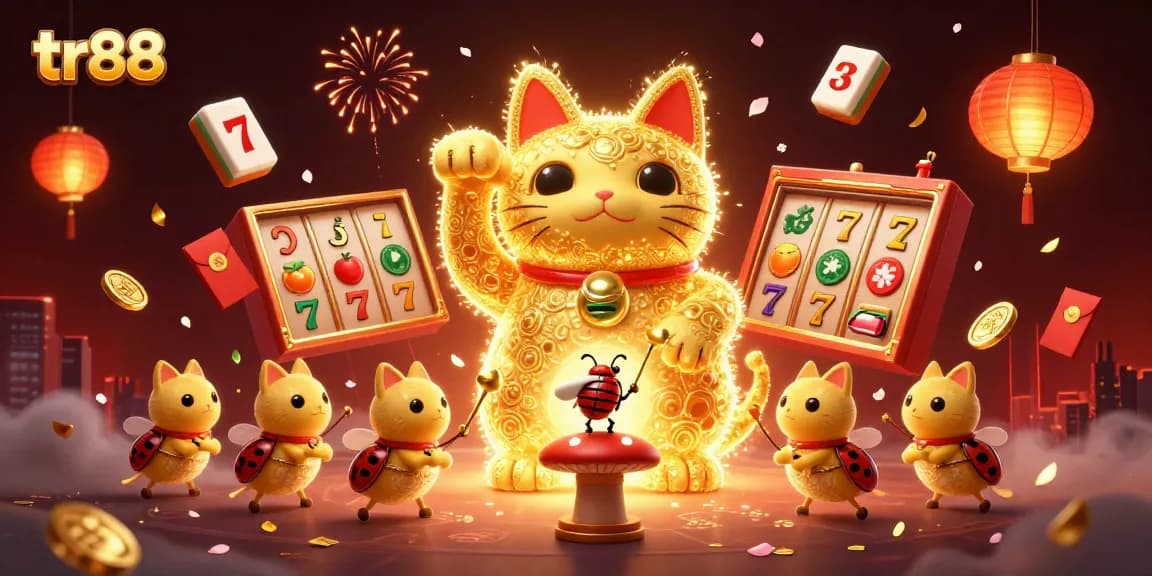 tr88 players celebrate with a giant lucky cat surrounded by vibrant casino elements in this dynamic illustration.