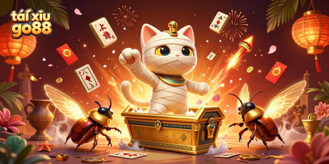 Experience the excitement of tài xỉu go88 with an Egyptian mummy cat and magical elements in a vibrant casino