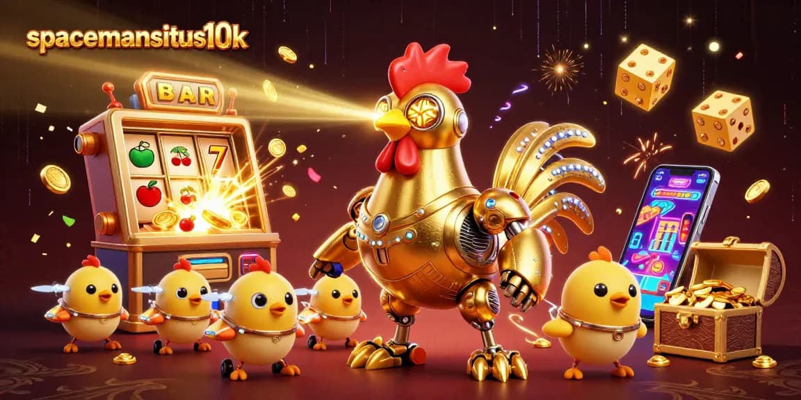 Play and win big at spacemansitus10k with vibrant slot machine action surrounded by golden jackpots.