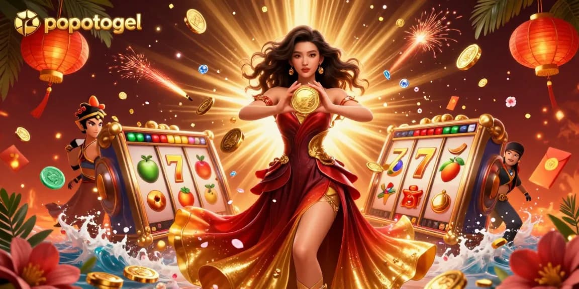 Experience the thrill of popotogel with dynamic spinning slots and an enchanting golden ambiance in this vibrant casino illustration.
