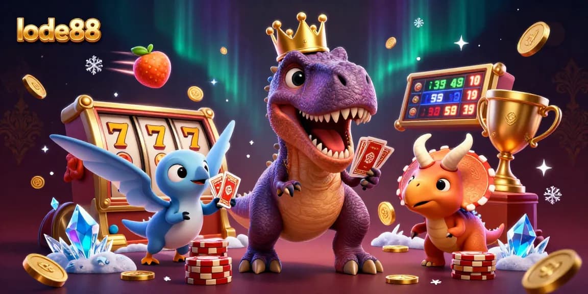 Experience the fun of lode88 with friendly dinosaurs gaming in a vibrant 3D casino scene.