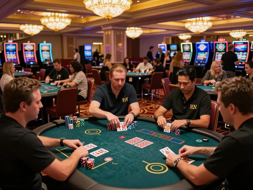 GG88 players enjoying poker at a vibrant casino, showcasing a lively and upscale gambling experience.