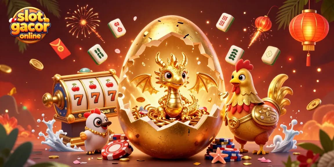 Experience thrilling wins with slot gacor online as a golden dragon emerges from a jackpot treasure scene.