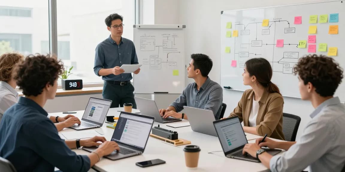 Build internal tools with AI in a collaborative workspace with a diverse team brainstorming and using laptops.