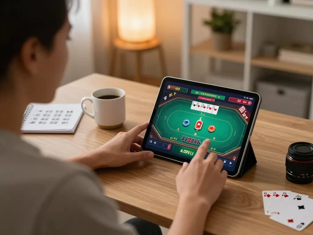 Engaging play on 33win poker app from a stylish home office setting, showing strategic gameplay.