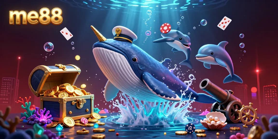 Experience the excitement of me88 with playful dolphins and a cartoon whale in this lively casino-themed illustration.