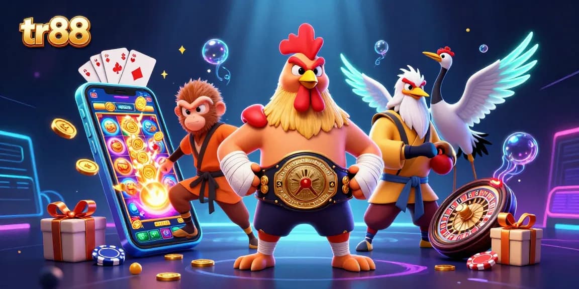Experience tr88's vibrant online gaming with characters and dynamic casino elements.
