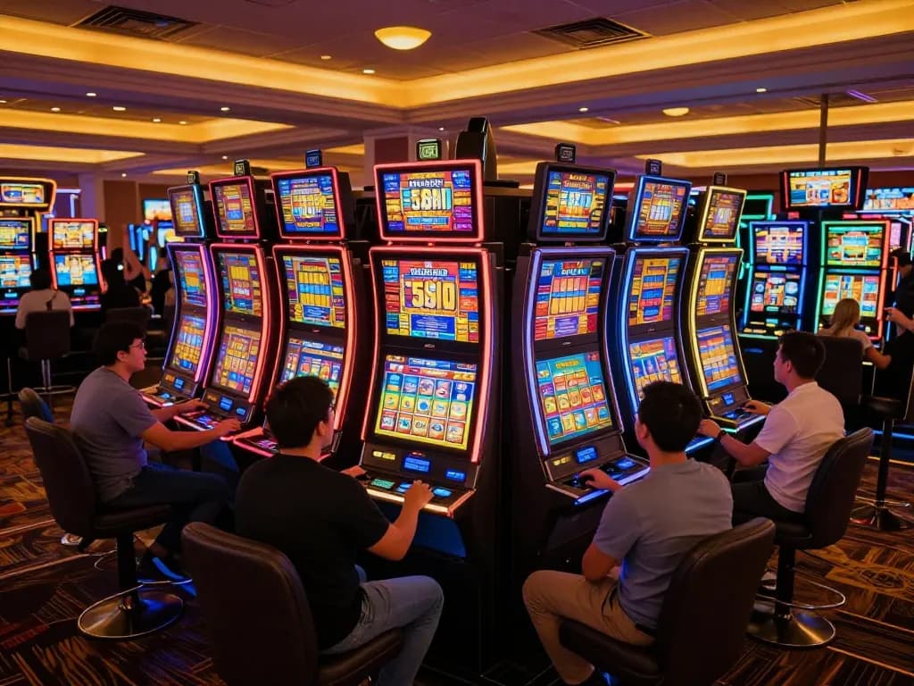 Engaged players spinning slot machines in a lively casino atmosphere highlighting dynamic gaming action.