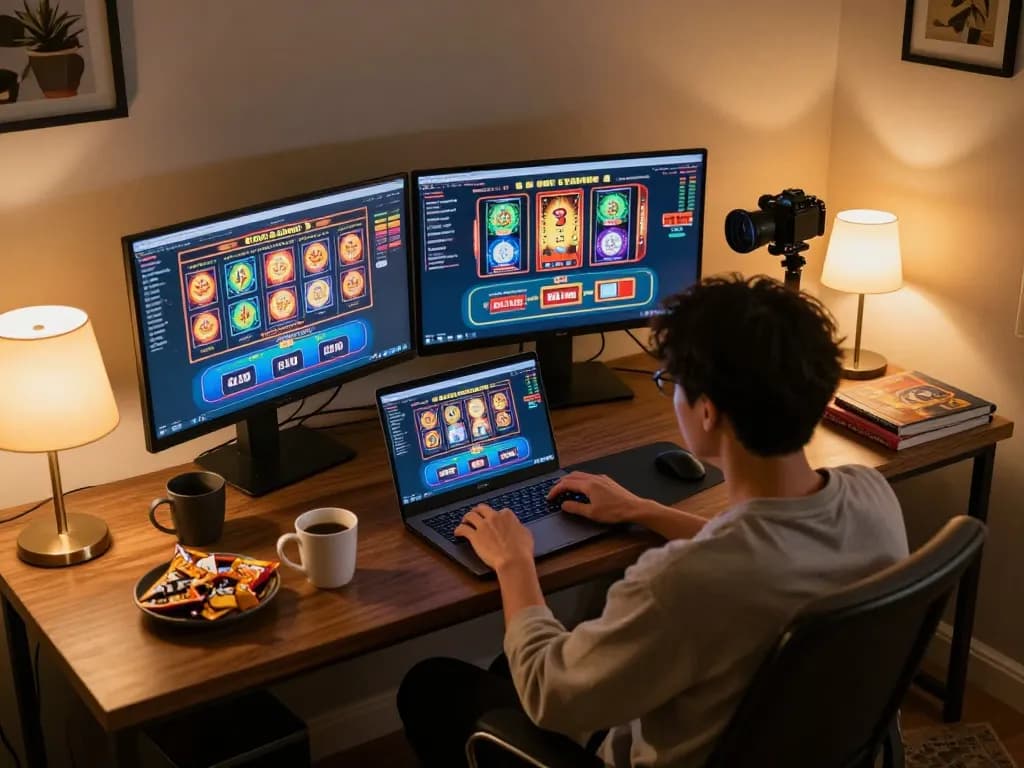 Playing Slot Gacor online in a cozy home office setting with engaging gameplay.