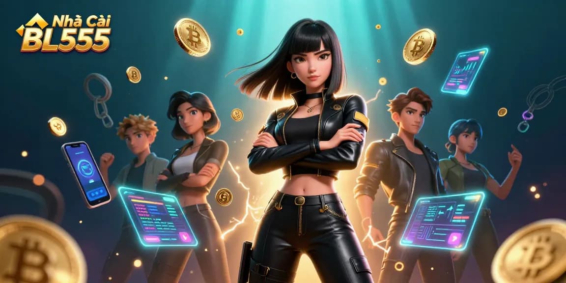 Experience the thrilling world of Nhà Cái BL555 with stunning visuals of casino gaming and crypto elements.