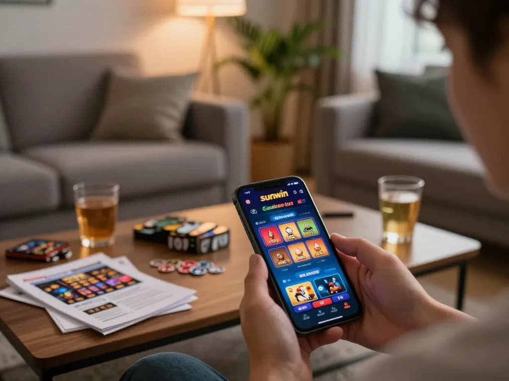 Engaging player using the sunwin app for online gaming on a smartphone in a cozy home setting