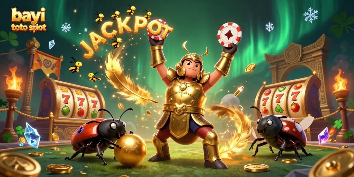 Play the bayi toto slot game with an exciting 3D cartoon scene showcasing beetles, jackpot, and vibrant casino elements.