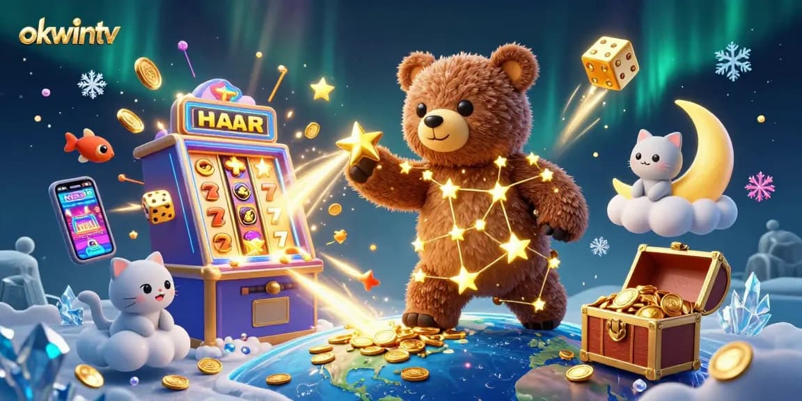 Experience thrilling gaming excitement with OKWINTV's vibrant scene of stars, jackpots, and casino elements.