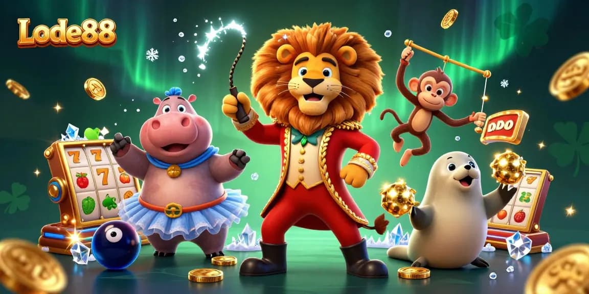 Lode88 slots illustration featuring a lion ringmaster, hippo dancer, and jackpot symbols in action.