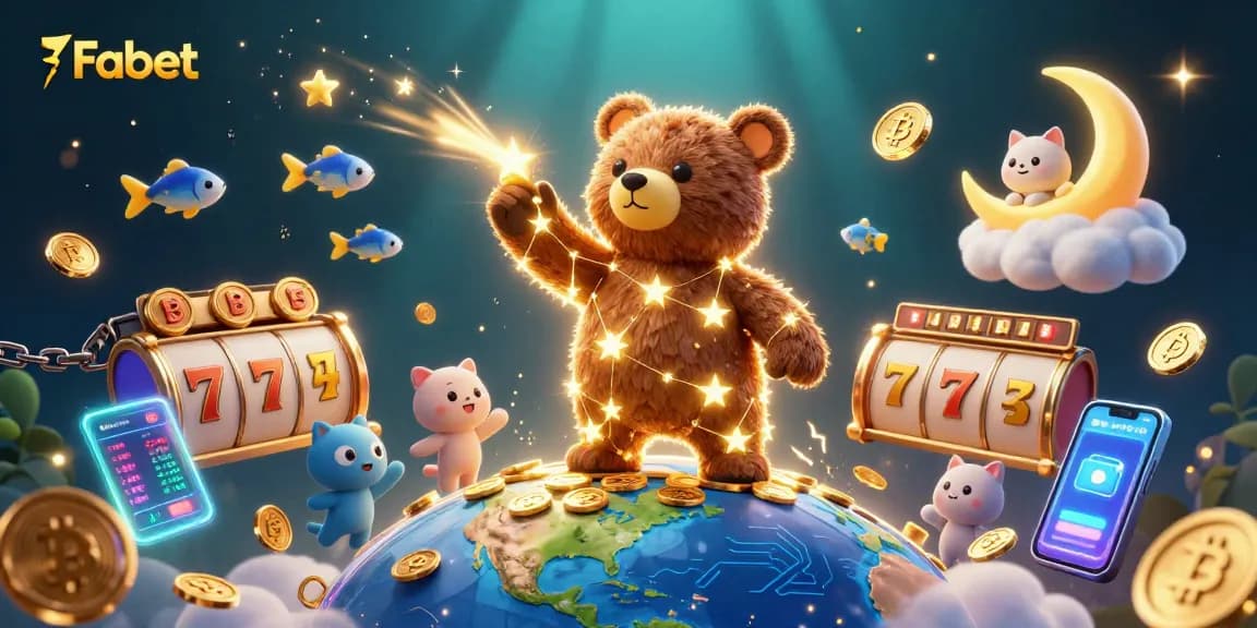 Fabet players enjoy thrilling wins in a dynamic 3D casino scene featuring vibrant slot elements.
