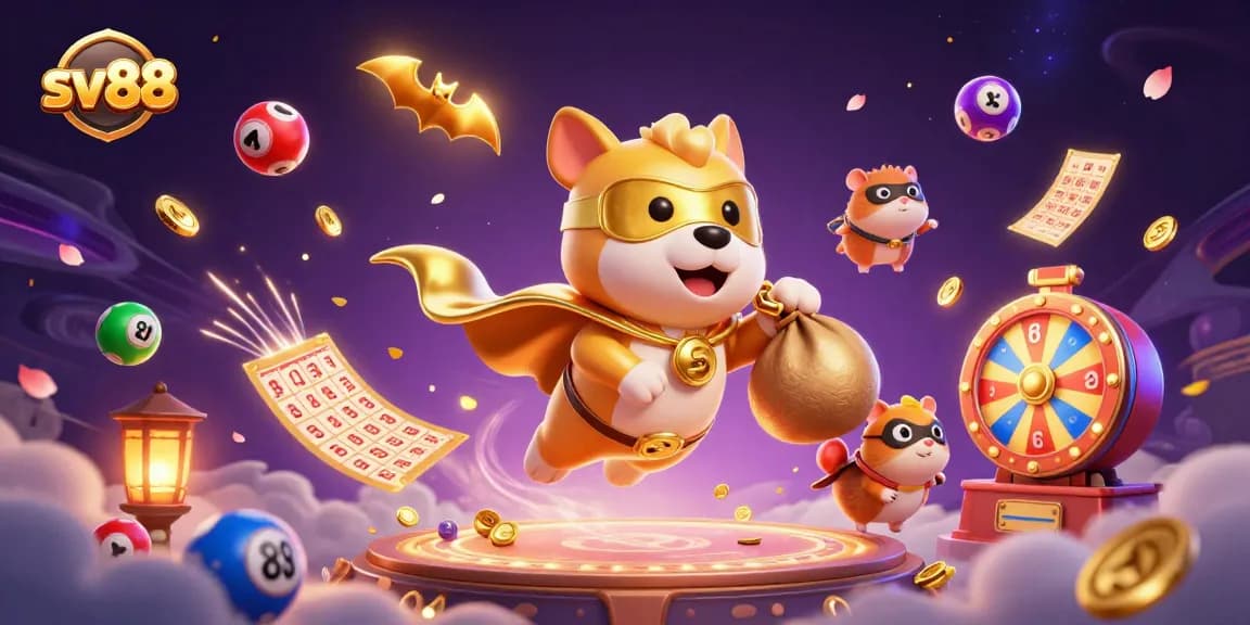 Engage in sv88-style winning with a dynamic casino scene featuring a superhero dog and vibrant lottery elements.
