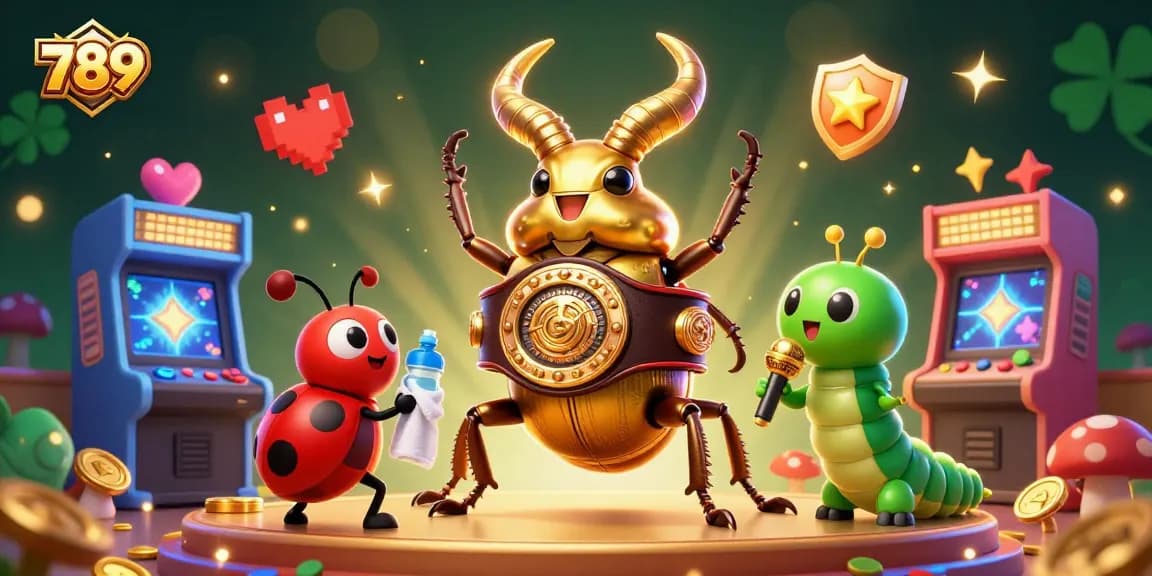 Experience the excitement of 789 as the golden stag beetle battles on a vibrant casino stage with arcade elements.