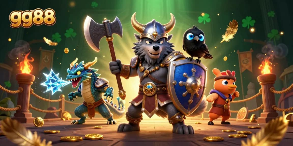 Win big at gg88 with a dynamic 3D illustration featuring a Viking warrior and thrilling gaming elements.
